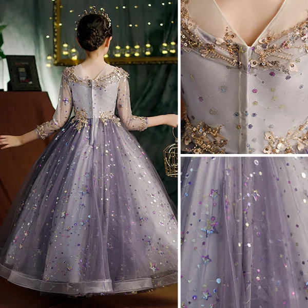 Fashion Grape Beading Pearl Rhinestone Sequins Birthday Flower Girl Dresses 2022 Ball Gown Scoop Neck 1/2 Sleeves Floor-Length / Long Flower Girl Dresses