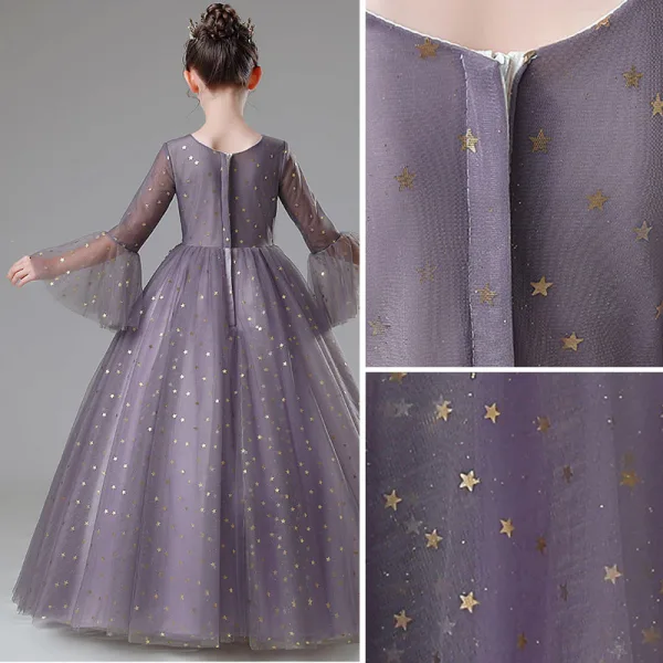 Elegant Lilac Beading Lace Flower Rhinestone Birthday Flower Girl Dresses 2022 Ball Gown Square Neckline Star Sequins Bell sleeves Floor-Length / Long Flower Girl Dresses