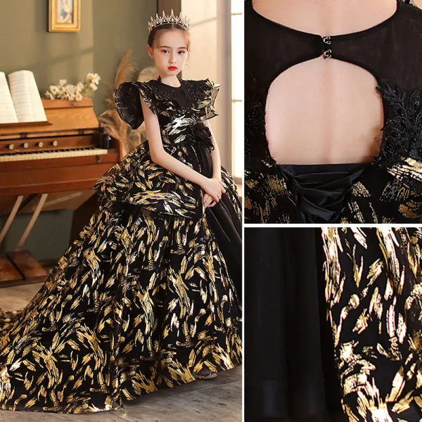 Fashion Black Gold Beading Lace Flower Birthday Flower Girl Dresses 2022 Ball Gown Scoop Neck Short Sleeve Backless Court Train Flower Girl Dresses