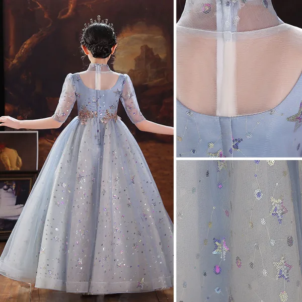 Chic / Beautiful Sky Blue Birthday Flower Girl Dresses 2022 Ball Gown High Neck Beading Sequins 1/2 Sleeves Floor-Length / Long Flower Girl Dresses