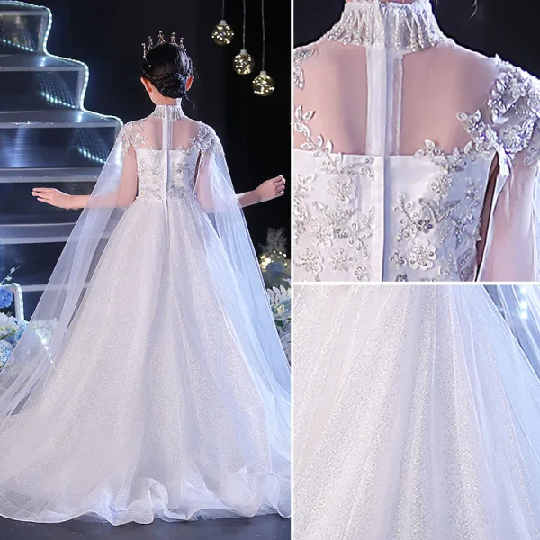 Chic / Beautiful White Beading Pearl Sequins Rhinestone Birthday Flower Girl Dresses 2022 Ball Gown High Neck Short Sleeve Chapel Train Flower Girl Dresses
