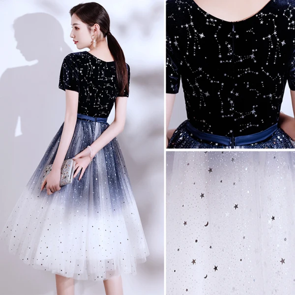 Modern / Fashion Navy Blue Suede Homecoming Graduation Dresses 2021 A-Line / Princess V-Neck Star Sequins Sash Bow Short Sleeve Tea-length Formal Dresses