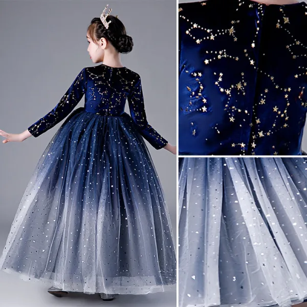 Elegant Navy Blue Star Sequins Flower Girl Dresses 2022 Ball Gown Scoop Neck Long Sleeve Floor-Length / Long Flower Girl Dresses