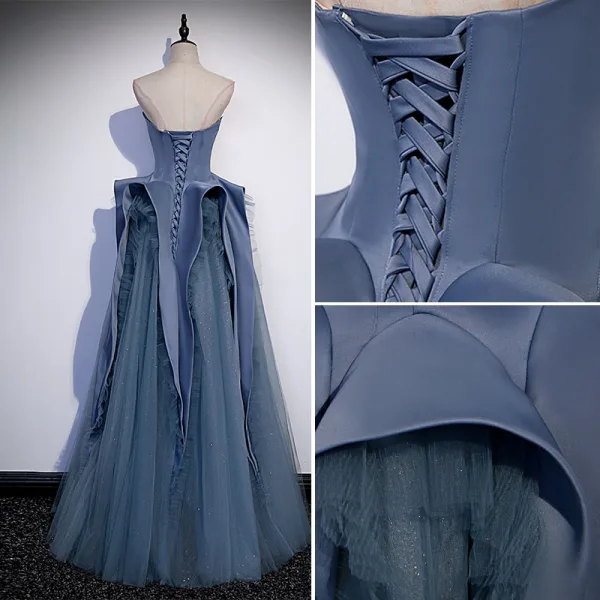Chic / Beautiful Ocean Blue Cascading Ruffles Prom Dresses 2022 A-Line / Princess Strapless Sleeveless Backless Floor-Length / Long Formal Dresses