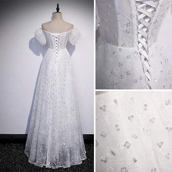 Chic / Beautiful White Sequins Lace Flower Prom Dresses 2022 A-Line / Princess Off-The-Shoulder Short Sleeve Backless Floor-Length / Long Formal Dresses