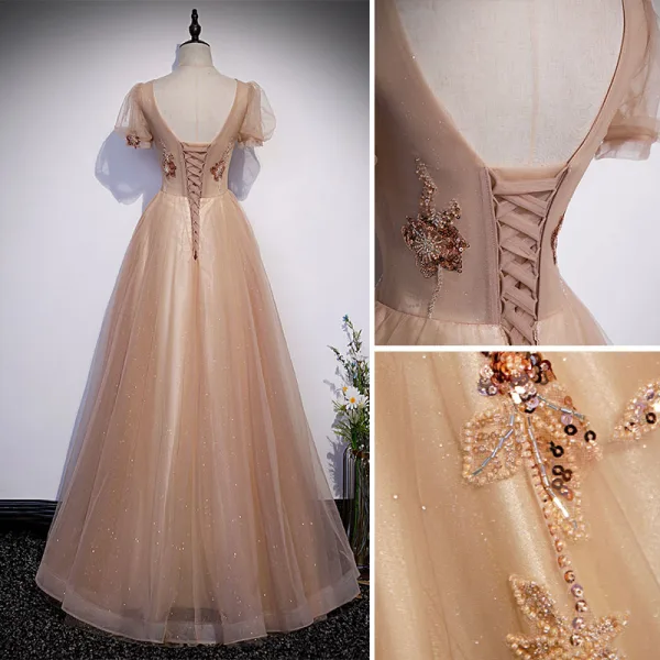 Chic / Belle Champagne Robe De Bal 2022 Princesse Encolure Carrée Perlage Paillettes Manches Courtes Dos Nu Longue Robe De Ceremonie