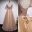 Chic / Belle Champagne Robe De Bal 2022 Princesse Encolure Carrée Perlage Paillettes Manches Courtes Dos Nu Longue Robe De Ceremonie