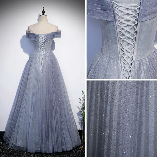 Charmant Bleu Ciel Glitter Paillettes Robe De Bal 2022 Princesse De l'épaule Manches Courtes Dos Nu Longue Robe De Ceremonie