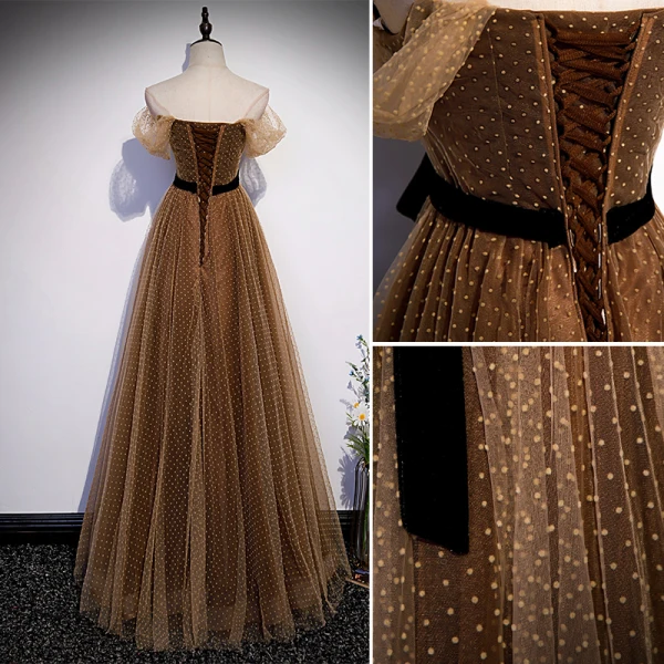 Chic / Beautiful Champagne Spotted Prom Dresses 2022 A-Line / Princess Off-The-Shoulder Short Sleeve Backless Bow Floor-Length / Long Formal Dresses