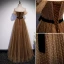 Chic / Beautiful Champagne Spotted Prom Dresses 2022 A-Line / Princess Off-The-Shoulder Short Sleeve Backless Bow Floor-Length / Long Formal Dresses