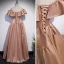 Chic / Beautiful Champagne Satin Prom Dresses 2022 A-Line / Princess Off-The-Shoulder Short Sleeve Backless Floor-Length / Long Formal Dresses