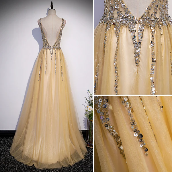 Chic / Beautiful Yellow Beading Sequins Prom Dresses 2022 A-Line / Princess V-Neck Sleeveless Backless Floor-Length / Long Formal Dresses