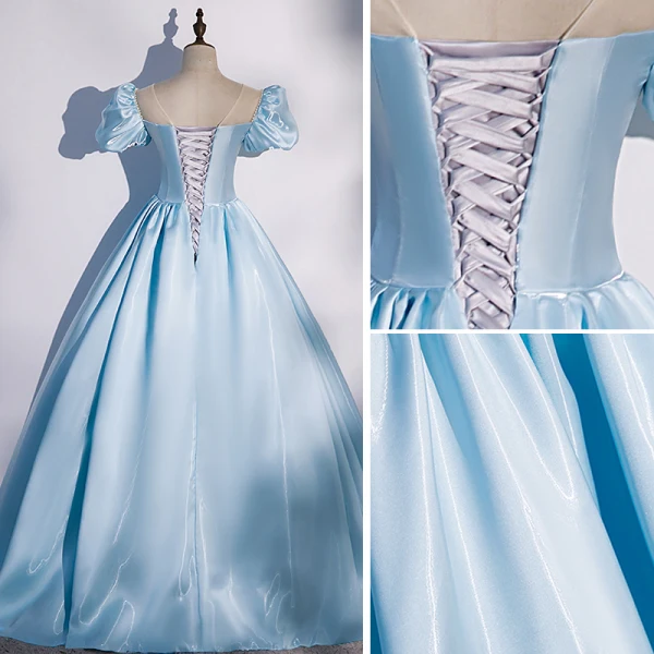 Élégant Bleu Ciel Satin Robe De Bal 2022 Robe Boule Encolure Dégagée Perlage Noeud Gonflée Manches Courtes Dos Nu Longue Robe De Ceremonie