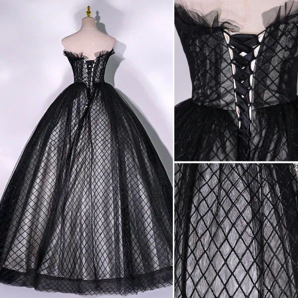 Chic / Beautiful Black Prom Dresses 2022 Ball Gown Ruffle Strapless Beading Pearl Rhinestone Sleeveless Backless Floor-Length / Long Formal Dresses