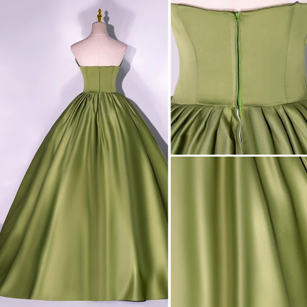 Vintage / Retro Clover Green Satin Prom Dresses 2022 Ball Gown Strapless Sleeveless Backless Sweep Train Formal Dresses