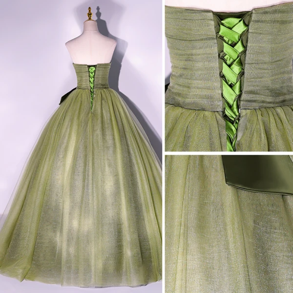 Elegant Sage Green Prom Dresses 2022 Ball Gown Strapless Sleeveless Backless Bow Floor-Length / Long Formal Dresses