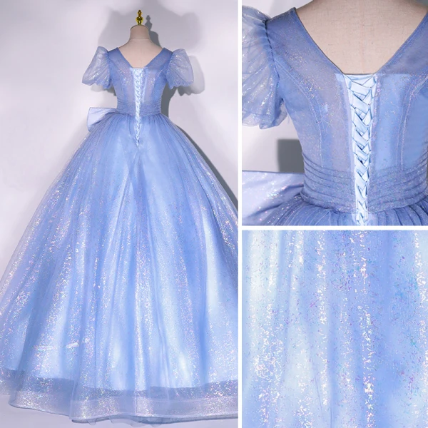 Elegant Glitter Sky Blue Sequins Prom Dresses 2022 Ball Gown Scoop Neck Short Sleeve Backless Bow Floor-Length / Long Formal Dresses
