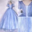 Elegant Glitter Sky Blue Sequins Prom Dresses 2022 Ball Gown Scoop Neck Short Sleeve Backless Bow Floor-Length / Long Formal Dresses