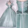 Modest / Simple Mint Green Prom Dresses 2022 Ball Gown Square Neckline Puffy Short Sleeve Backless Floor-Length / Long Formal Dresses