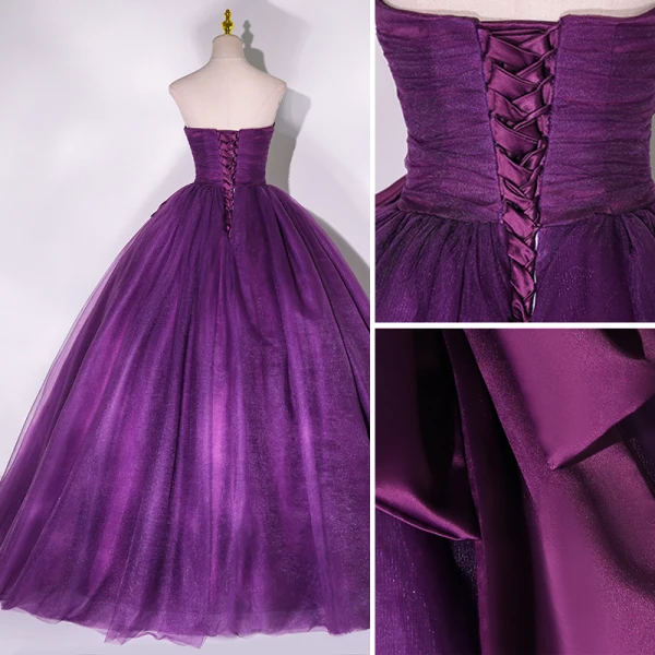 Elegant Prom Dresses Purple 2022 Ball Gown Strapless Sleeveless Backless Bow Floor-Length / Long Formal Dresses