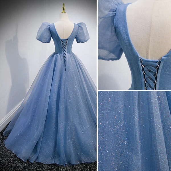 Chic / Belle Bleu Ciel Glitter Perlage Paillettes Robe De Bal 2022 Robe Boule V-Cou Manches Courtes Dos Nu Longue Robe De Ceremonie