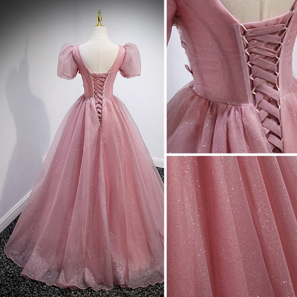 Elegant Blushing Pink Prom Dresses 2022 Ball Gown Floor-Length / Long V-Neck Beading Rhinestone Butterfly Appliques Puffy Short Sleeve Backless Formal Dresses