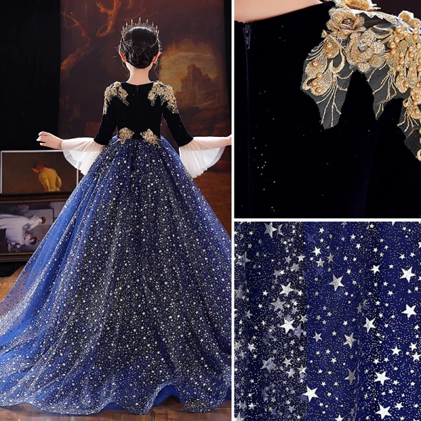 Sparkly Navy Blue Star Sequins Birthday Flower Girl Dresses 2022 Ball Gown Square Neckline Rhinestone Lace Flower Bell sleeves Sweep Train Flower Girl Dresses