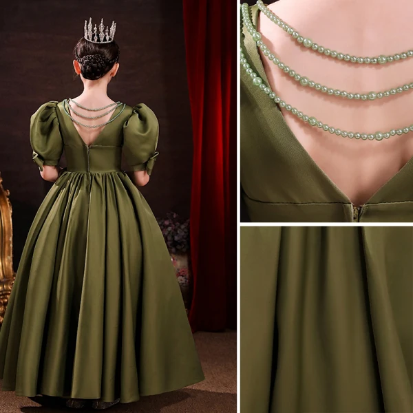 Modest / Simple Clover Green Satin Birthday Flower Girl Dresses 2022 Ball Gown V-Neck Puffy Short Sleeve Backless Floor-Length / Long Flower Girl Dresses