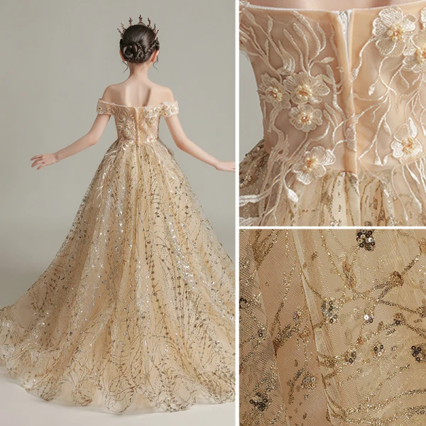 Schöne Champagner Perle Spitze Blumen Pailletten Geburtstag Ball Blumenmädchenkleider 2022 Ballkleid Off Shoulder Kurze Ärmel Rückenfreies Lange Blumenmädchenkleider