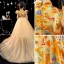 Style Chinois Jaune Impression Anniversaire Robe Ceremonie Fille 2022 Robe Boule Col Haut Gonflée Manches Courtes Tribunal Train Robe Ceremonie Fille