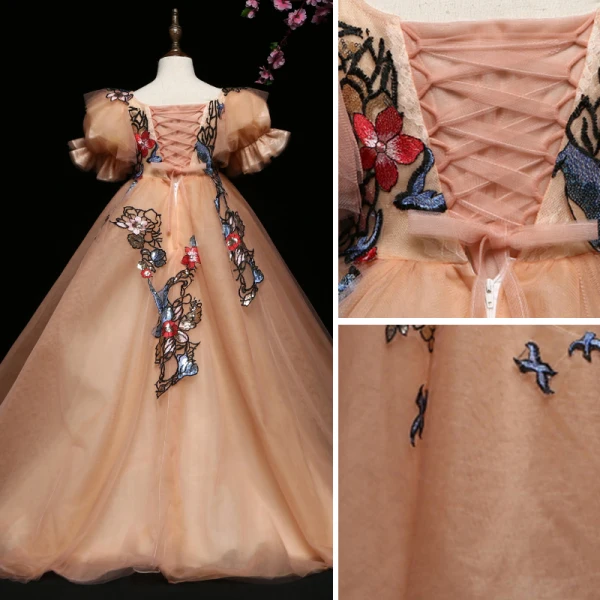 Flower Fairy Champagne Flower Girl Dresses 2022 Ball Gown Scoop Neck Lace Flower Sequins Appliques Puffy Short Sleeve Backless Floor-Length / Long Flower Girl Dresses