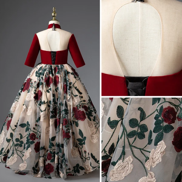 Elegant Burgundy Birthday Flower Girl Dresses 2022 Ball Gown High Neck Beading Tassel Lace Flower 1/2 Sleeves Backless Floor-Length / Long Flower Girl Dresses