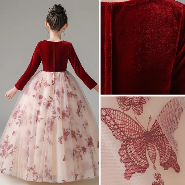 Chic / Beautiful Burgundy Suede Birthday Flower Girl Dresses 2022 Ball Gown Scoop Neck Lace Butterfly Long Sleeve Floor-Length / Long Flower Girl Dresses