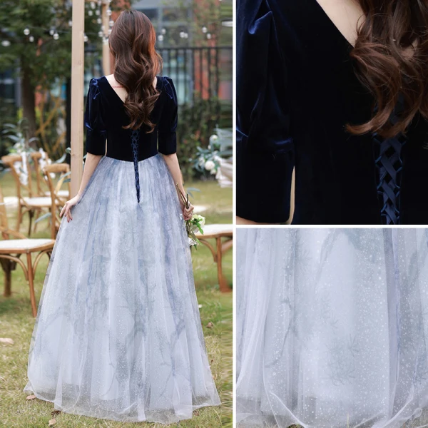Elegant Navy Blue Suede Prom Dresses 2022 A-Line / Princess Square Neckline 1/2 Sleeves Backless Floor-Length / Long Formal Dresses