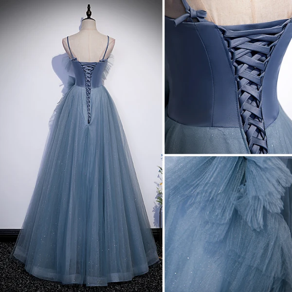 Chic / Beautiful Pool Blue Pleated Prom Dresses 2022 A-Line / Princess Spaghetti Straps Sleeveless Backless Floor-Length / Long Formal Dresses