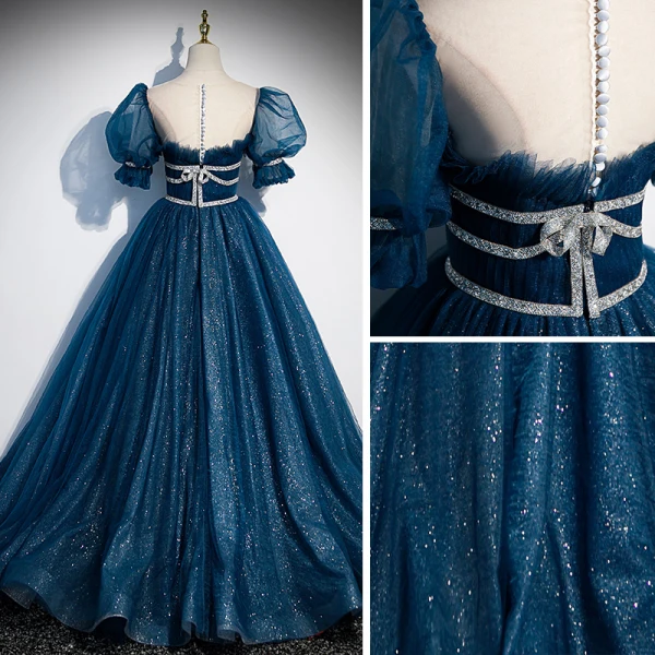 Élégant Océan Bleu Paillettes Robe De Bal 2022 Robe Boule Encolure Dégagée Gonflée Manches Courtes Noeud Longue Robe De Ceremonie