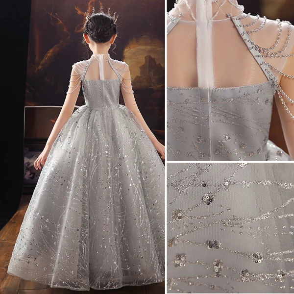 Chic / Beautiful Grey Birthday Flower Girl Dresses 2022 Ball Gown High Neck Beading Rhinestone Sequins Sleeveless Floor-Length / Long Flower Girl Dresses