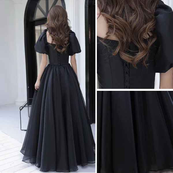 Modest / Simple Black Prom Dresses 2022 A-Line / Princess Off-The-Shoulder Short Sleeve Backless Floor-Length / Long Formal Dresses