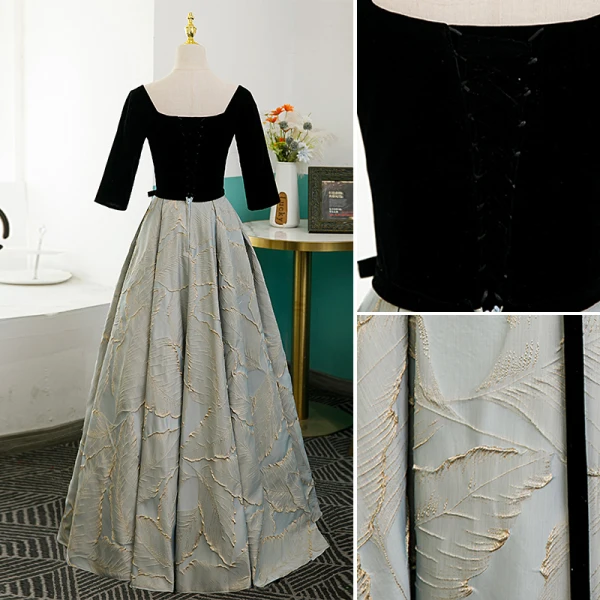 Elegante Schwarz Ballkleider 2022 A Linie Eckiger Ausschnitt Stoffgürtel Schleife 3/4 Ärmel Rückenfreies Lange Festliche Kleider