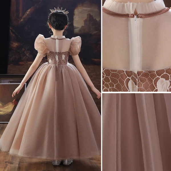 Chic / Beautiful Khaki Beading Pearl Lace Flower Flower Girl Dresses 2022 Ball Gown Birthday Scoop Neck Puffy Short Sleeve Floor-Length / Long Flower Girl Dresses