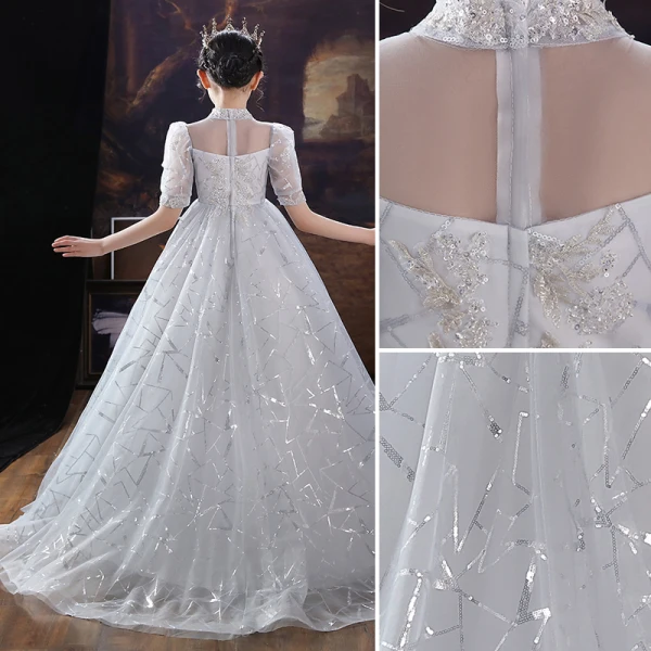 Fashion Silver Beading Sequins Lace Flower Birthday Flower Girl Dresses 2022 A-Line / Princess High Neck Short Sleeve Floor-Length / Long Flower Girl Dresses