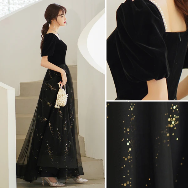 Elegant Black Sequins Prom Dresses 2022 A-Line / Princess Pearl Square Neckline Short Sleeve Backless Floor-Length / Long Formal Dresses