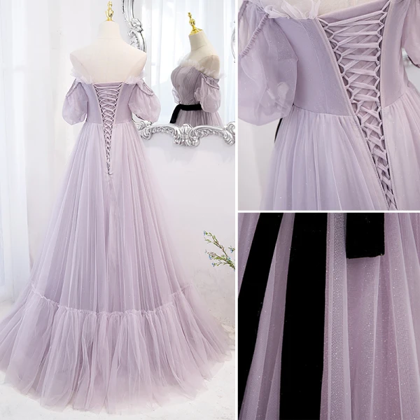 Charmant Lavande Robe De Bal 2022 Princesse De l'épaule Gonflée Manches Courtes Dos Nu Noeud Ceinture Longue Robe De Ceremonie