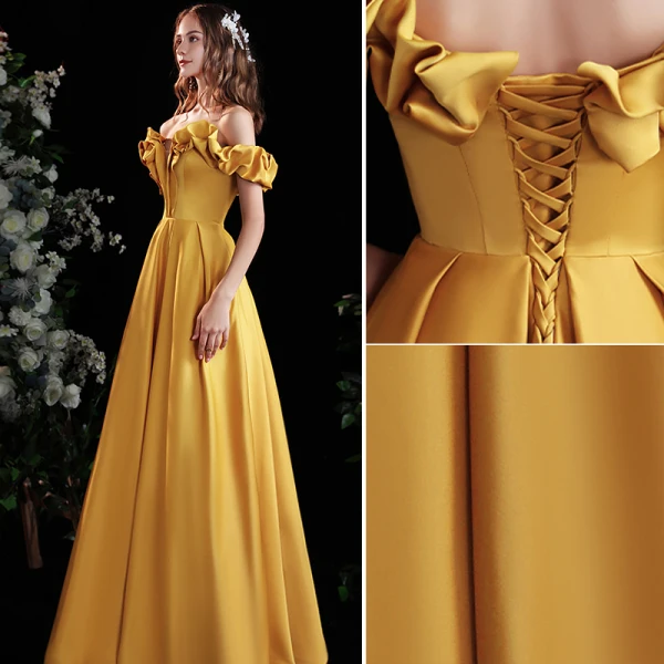 Elegant Yellow Satin Prom Dresses 2022 A-Line / Princess Ruffle Off-The-Shoulder Short Sleeve Backless Floor-Length / Long Formal Dresses