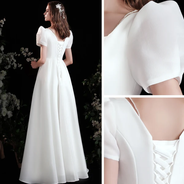 Vintage / Retro Ivory Satin Solid Color Prom Dresses 2022 A-Line / Princess Square Neckline Puffy Short Sleeve Backless Floor-Length / Long Formal Dresses