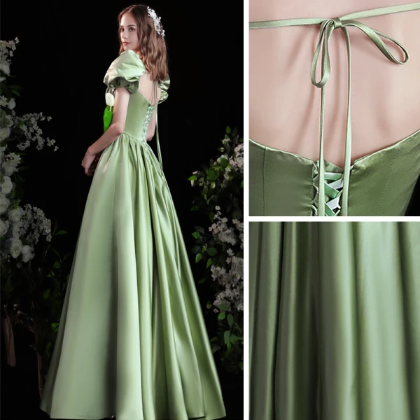 Elegant Sage Green Solid Color Satin Prom Dresses 2022 A-Line / Princess Square Neckline Puffy Short Sleeve Backless Floor-Length / Long Formal Dresses