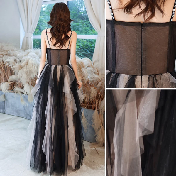 Affordable Black Ruffle Prom Dresses 2021 A-Line / Princess Spaghetti Straps Beading Sequins Lace Flower Sleeveless Backless Floor-Length / Long Prom Formal Dresses
