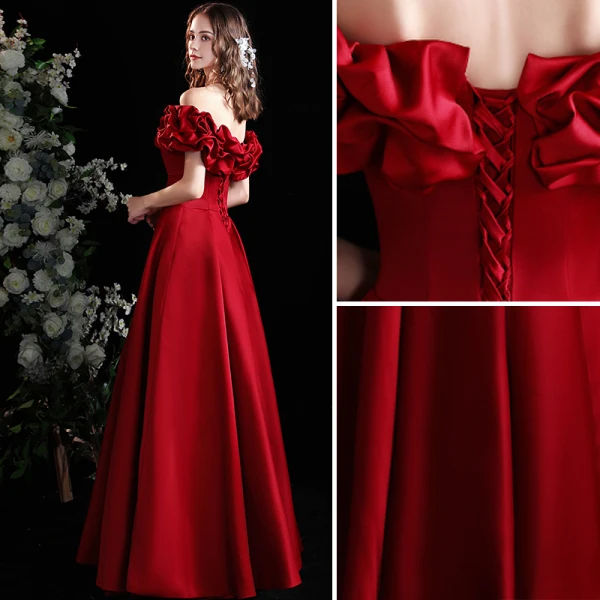 Elegant Burgundy Solid Color Satin Prom Dresses 2022 A-Line / Princess Ruffle Off-The-Shoulder Short Sleeve Backless Floor-Length / Long Formal Dresses