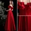 Elegant Burgundy Solid Color Satin Prom Dresses 2022 A-Line / Princess Ruffle Off-The-Shoulder Short Sleeve Backless Floor-Length / Long Formal Dresses