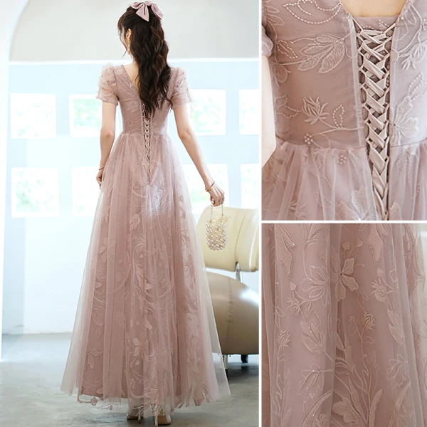 Chic / Beautiful Blushing Pink Prom Dresses 2022 A-Line / Princess V-Neck Pearl Beading Lace Flower Short Sleeve Backless Floor-Length / Long Formal Dresses